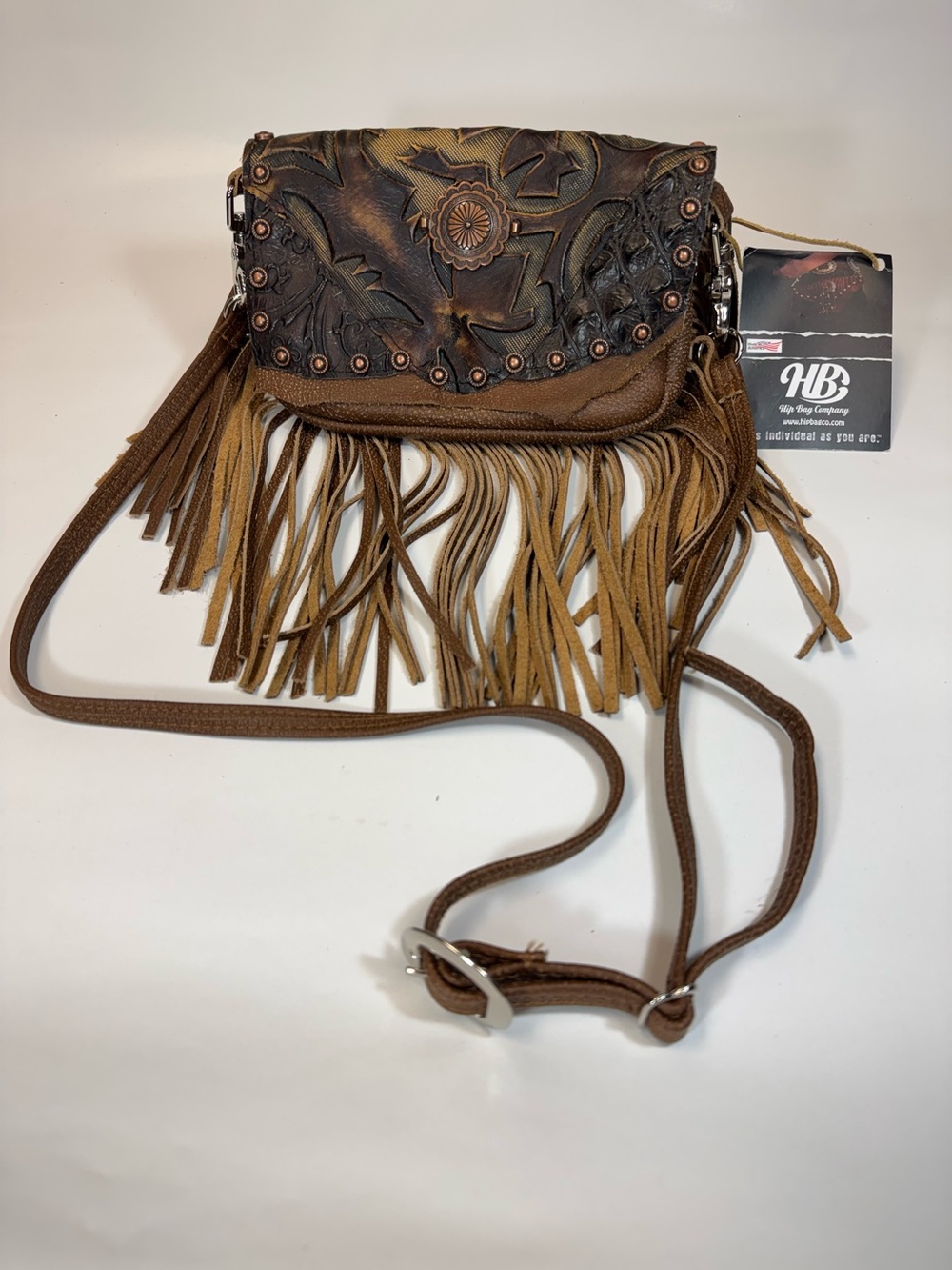 Brown Tooled Leather Fringe Crossbody Bag